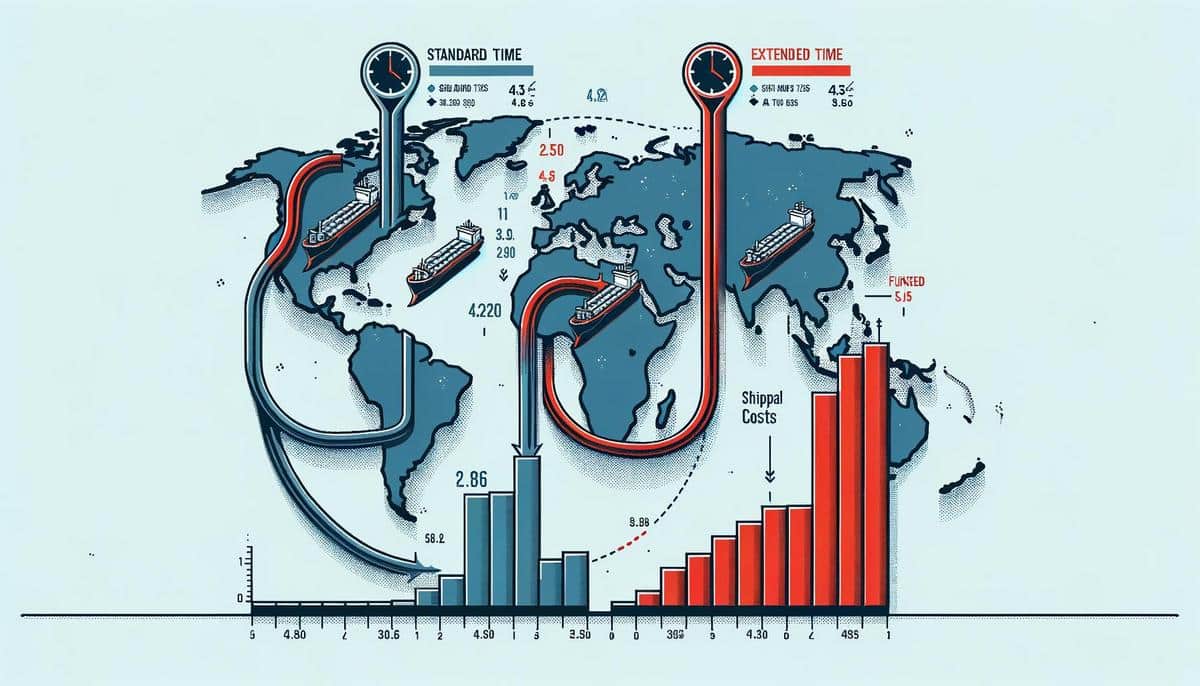 Infografik mit Schiffsrouten um das Rote Meer, Transitzeiten und Kostensteigerung.