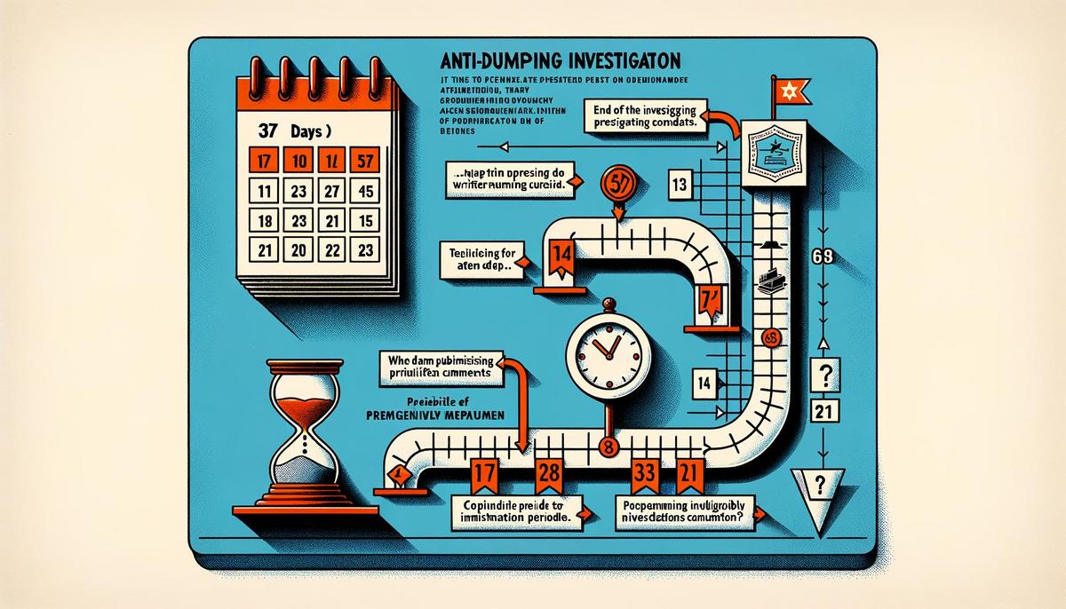 Infografik mit Zeitstrahl der Antidumping-Untersuchungsfristen und symbolischen Markierungen.